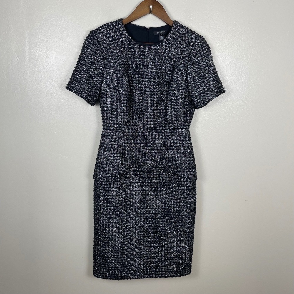 St. John Women's 4 Sheath Dress Black Silver Metallic Tweed Sequin Short Sleeve